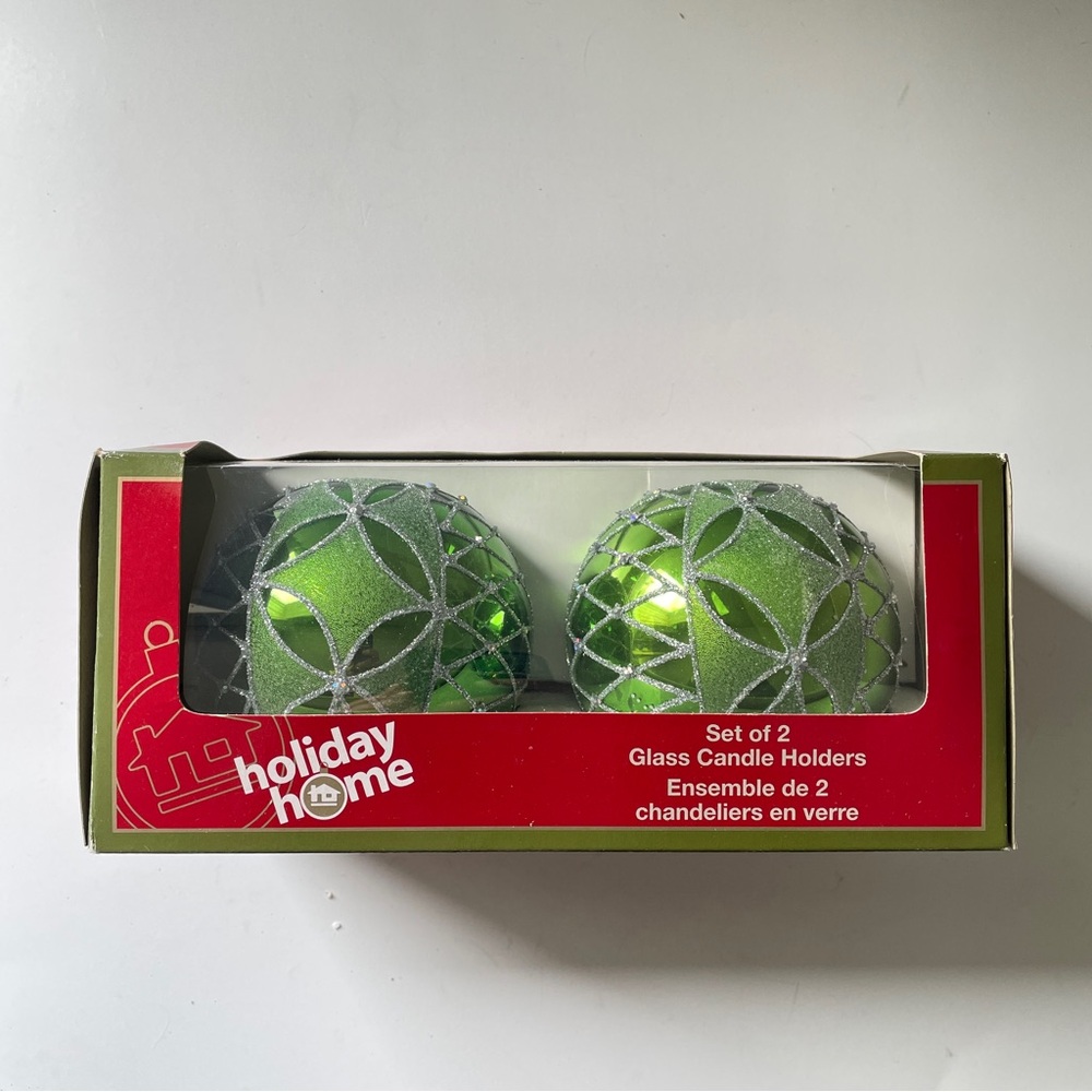 Y2K Holiday Home Green Glass Silver Glitter Lattice Votive Candle Holder NIB
